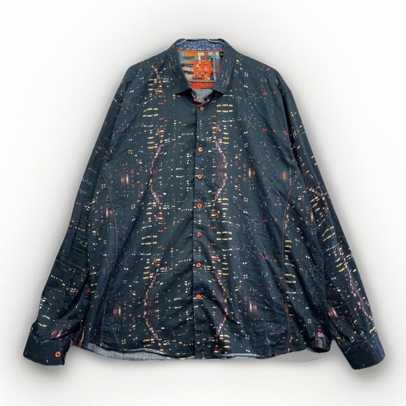 Au Noir Button Up shirt Men Sz 7 Black Colorful City Night Lights Landscape AOP - Picture 1 of 16